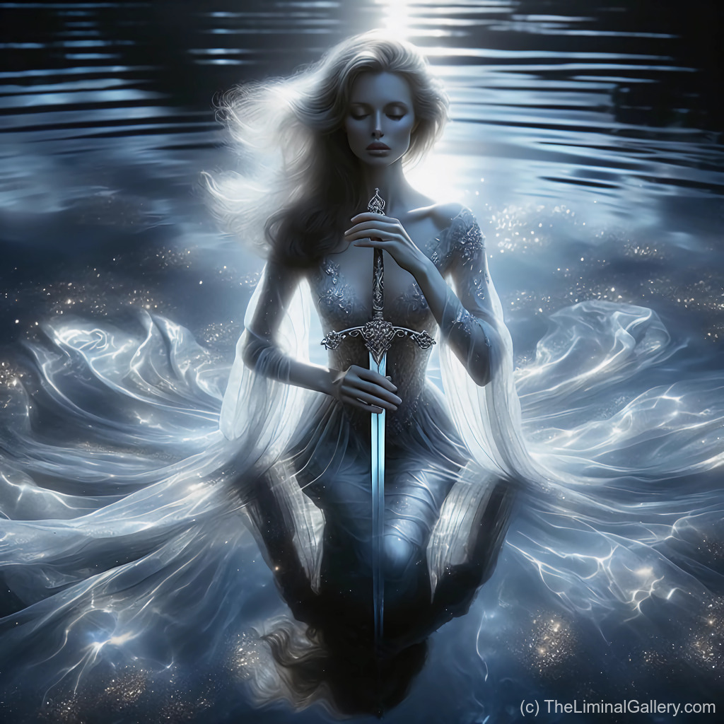 The ethereal Lady of the Lake rises gracefully from shimmering waters, embodying mystery, legend, and serene beauty.